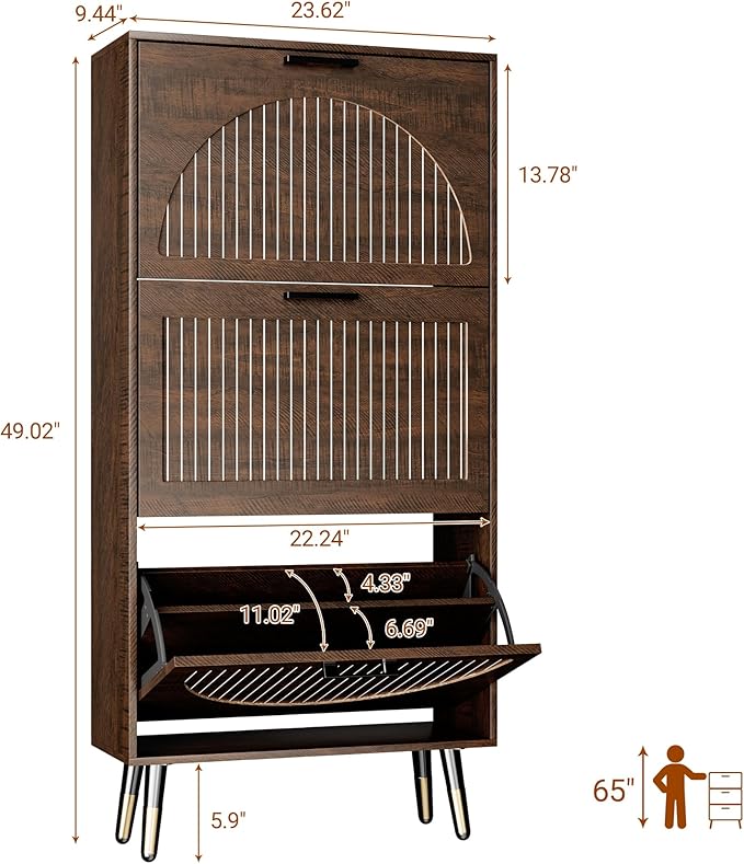 Farmhouse Shoe Cabinet Storage for Entryway, Slim Shoe Rack Cabinet with 3 Flip Drawers, Narrow Shoe Organizer Cabinet with Stylish Round Panel, Metal Leg and Handle