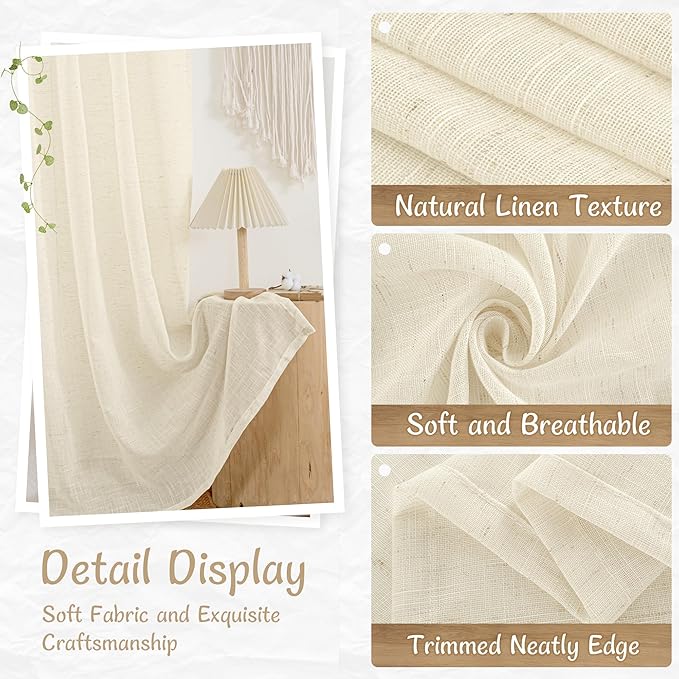 LAMIT Beige Linen Cafe Curtains 30 Inch Length for Small Windows, Light Filtering Semi Sheer Drapes Back Tab and Rod Pocket Short Panels for Kitchen/Bathroom/Basement, 2 Panels, 34 x 30 Inch