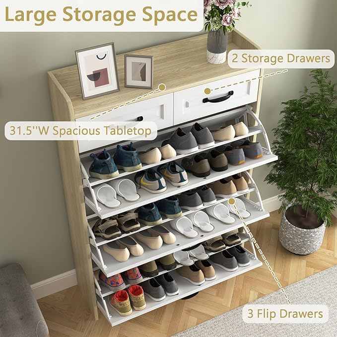 Large Shoe Cabinet for Entryway, Slim Hidden Shoe Storage Cabinet with 3 Flip Drawers and 2 Top Drawers,Shoe Rack Organizer Cabinet for Hallway, Brown and White