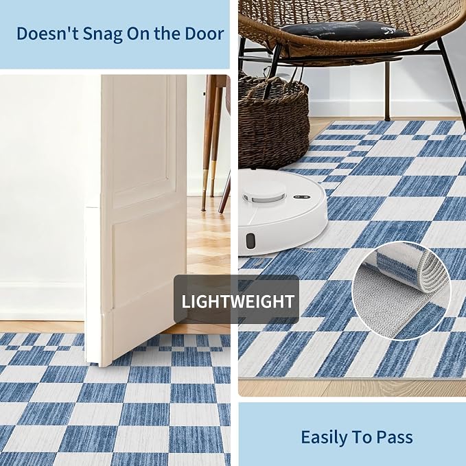 GarveeHome Dark Blue Checkered Rug 2x3 Washable Rug Non-Slip for Entryway, Soft Low-Pile Small Area Rugs,Neutral Modern Geometric Rugs for Kitchen