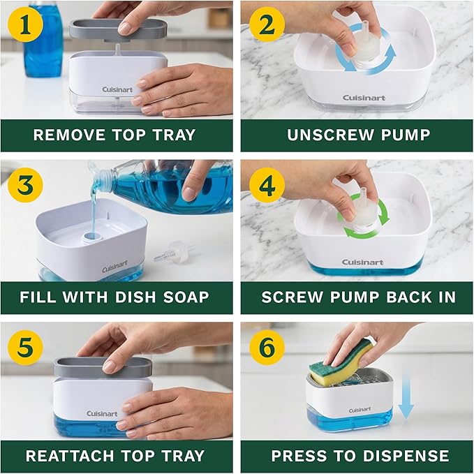 Cuisinart 2-in-1 Dish Soap Dispenser with Sponge Holder and Sponge for Kitchen Sink – Soap Pump Organizer Set with Tray, Countertop Caddy for Dishes, Dishwashing Liquid Dispenser, Sink Essentials