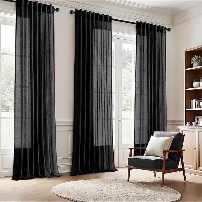 ANRODUO Black Semi Sheer Linen Curatins 84 inches Long Back Tab Light Filtering Flax Linen Textured Curtains Modern Farmhouse Coastal Decor for Bedroom Living Room 84 inch Length 2 Panels Set
