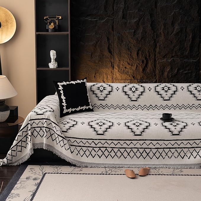 VClife Boho Aztec Couch Cover Extra Large Couch Cover for 3-4 Seat Sofa, Western White Slipcover Cover with Black Tribal Pattern, Soft Thick Chenille Furniture Sofa Covers wit Tassel, White, 71"X150"