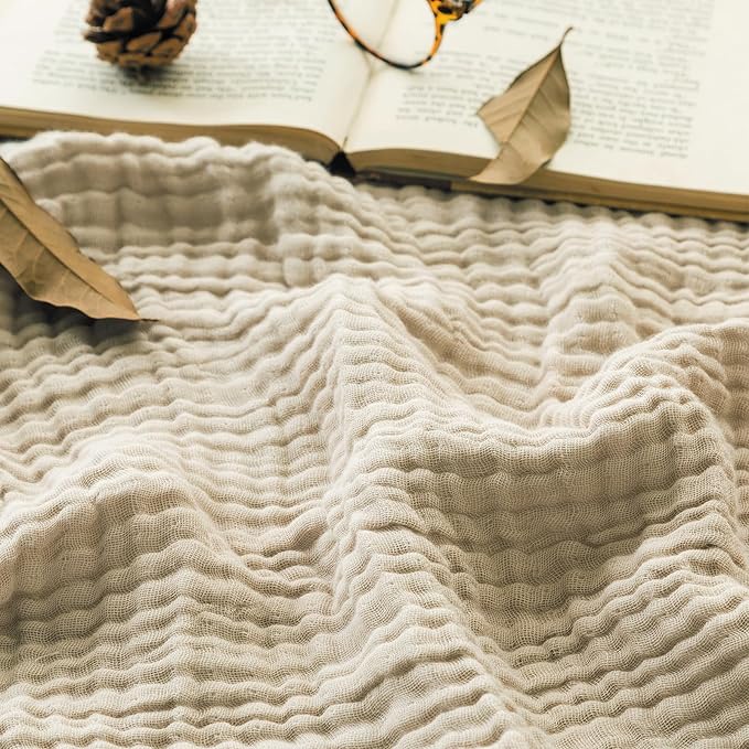 EMME Cotton Bed Blanket Twin Size Soft Muslin Boho Bedding Lightweight Breathable Light Tan Twin Blanket All Season Gauze