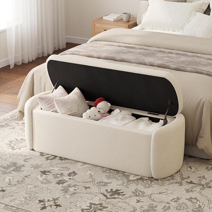 VKNOW 51" Storage Ottoman Bench, Upholstered End of Bed Bench with Smooth Hinges, Oval Large Ottoman Bench for Bedroom, Living Room and Hallway Entryway, Beige