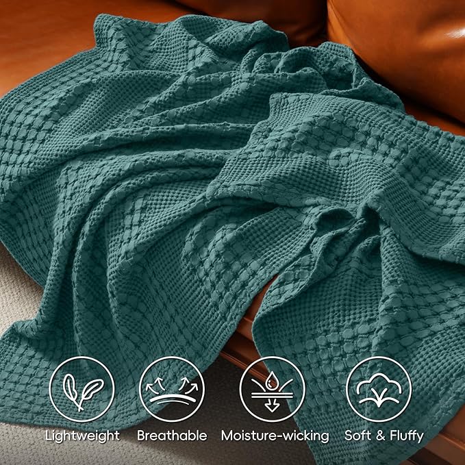 PHF 100% Cotton Waffle Weave Blanket Twin Size for Bed, Soft Lightweight & Breathable for Spring and Summer, All-Season Comfort, Luxury Aesthetic Blanket for Home Decor, 66"x90", Teal