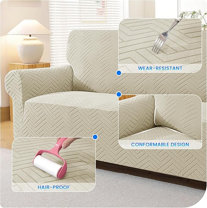 Stretch Sofa Slipcover 2 Cushion Couch Sofa Cover,55"-69" Non Slip Soft Couch Sofa Cover Washable Furniture Protector with Non Skid Foam and Elastic Bottom for Kids, Pets,Khaki