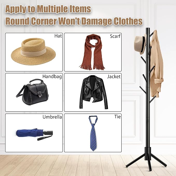 Aliphon Wooden Coat Rack Stand, Freestanding Coat Rack with 8 Hooks, 3 Adjustable Size Coat Tree for Hats, Coats, Scarves bags, Coat Hanger Stand Used in Bedroom/Office/Entryway,2 PCS (Black)