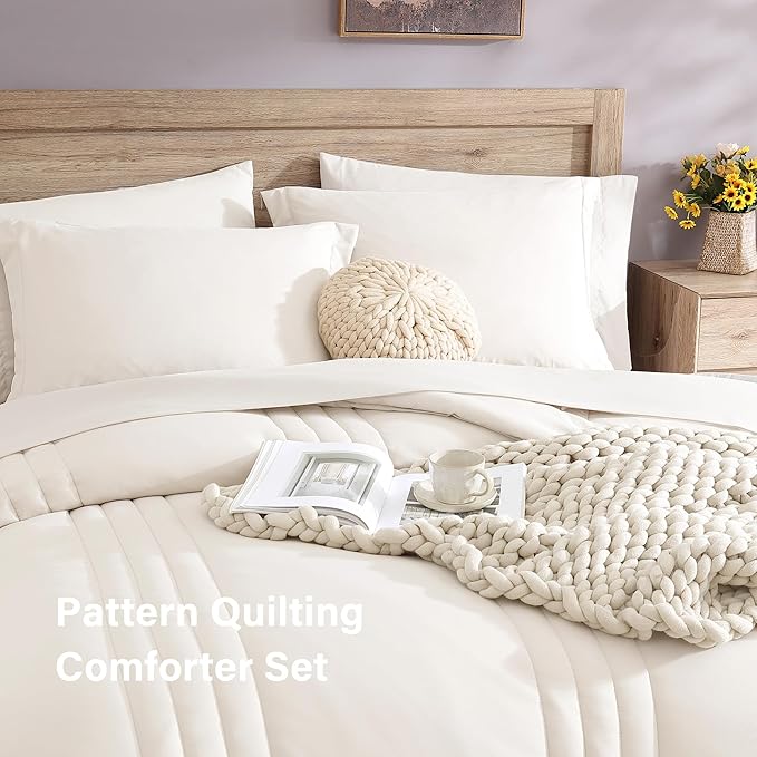 Monbix Full Size Comforter Sets - 7 Pieces White Bed in a Bag Full Size Bedding Sets with Comforters, All Seasons Comforter with Sheets,Pillowcases & Shams