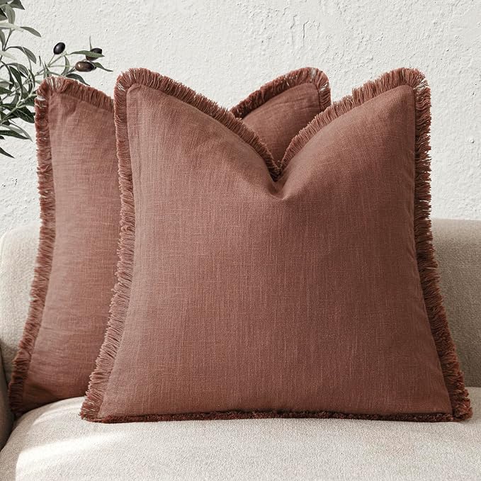 Foindtower Set of 2 Decorative Linen Fringe Throw Pillow Covers Boho Farmhouse Cushion Cover with Tassels Accent Pillowcase for Couch Chair Sofa Bed Living Room Home Decor,22×22 Inch,Rust Red