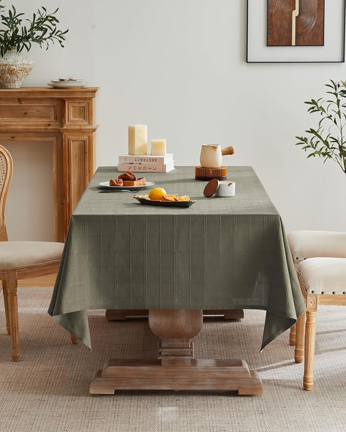 ZeeMart Linen Checked Table Cloth 52x52 Inches, Farmhouse Style Plaid Embroidered Water Resistant Square Table Cover, Olive