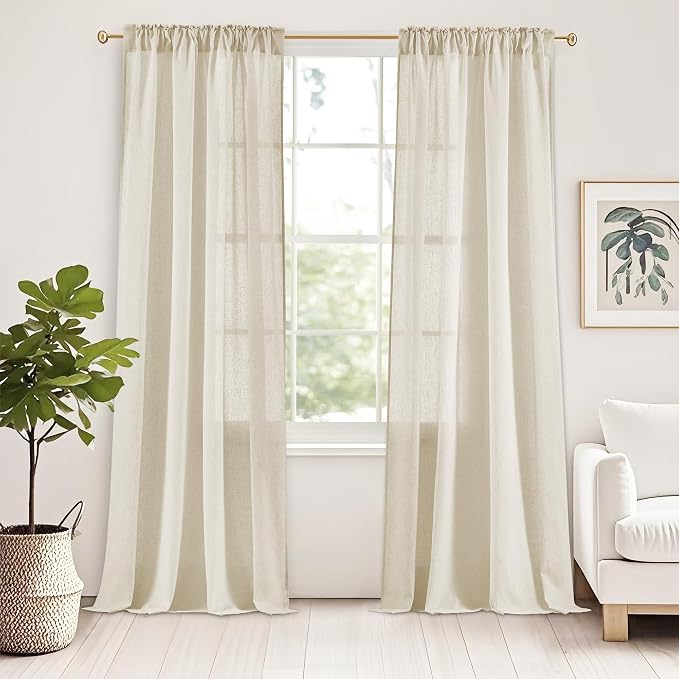 StangH Sheer Linen Curtains 84 inch Length 2 Panels Set, Natural Flax Linen Semi Sheer Curtains Soft Breathable Light Filtering Farmhouse Drapes for Living Room Sliding Door, W55 x L84
