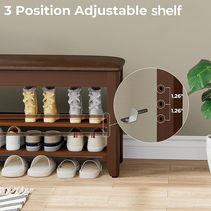 Homleke Shoe Rack Bench with Flip-Top Storage, Solid Wood Entryway Bench with Cushion, Adjustable Shelf, for Hallway, Mudroom, Closet – Walnut, 39.4"