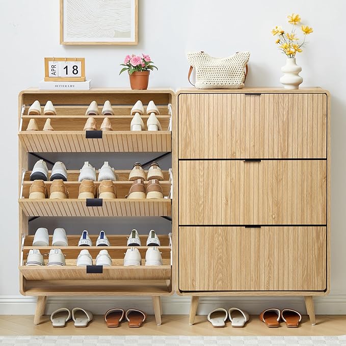 FurSch Fluted 47 Inch Tall Shoe Cabinet with 3 Flip Drawers, Narrow Hidden Shoe Storage Organizer Rack for Entryway Hallway (All Natural)
