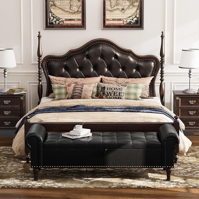 Apicizon 60” Bench with Storage, Queen Size Faux Leather End of Bed Bench with Tufted Button, Ottoman Bench with Rolled Arms & Vintage Rivets for Foot of Bed, Living Room, Entrance, Black