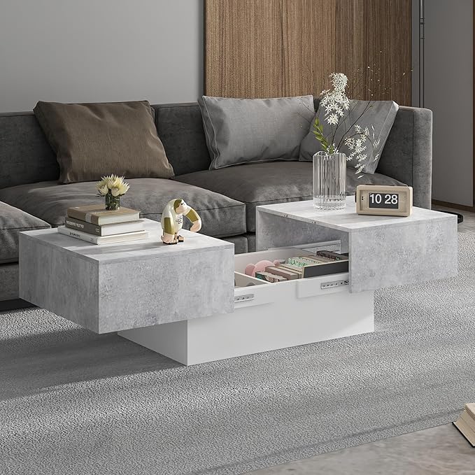 Modern Coffee Table with Storage for Living Room, Living Room Table Rectangular Center Tables, Sliding Top with Hidden Storage, Wooden Cocktail Table for Dining Reception Room, Grey