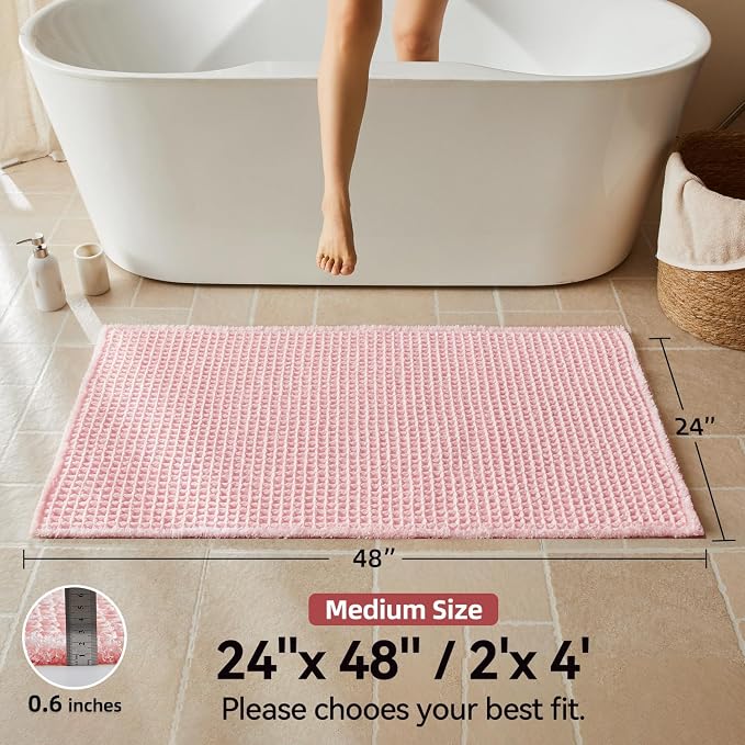 Triohero Waffle Bath Mat, Boho Bathroom Rugs Non Slip Washable, Ultra Soft Super Absorbent Quick Dry Farmhouse Bathroom Decor, 24" x 48", Light Peachy Pink