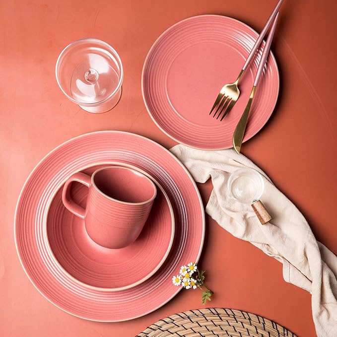 Arora RINGAR Round Stoneware 16pc Dinnerware Set of 4, Dinner Plates, Side Plates, Cereal Bowls, Mugs - Speckle Matte Red (395476)