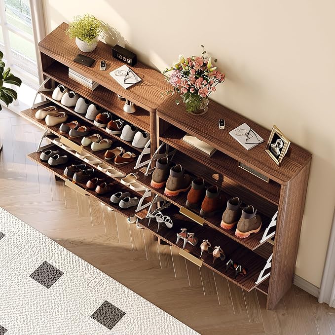 VINGLI Walnut Slim Shoe Cabinet for Entryway, Curved Hidden Shoe Storage Cabinet with 2 Flip Drawers & Open Shelf, Modern Narrow Shoe Organizer with Fluted Panel & Anti-Tip Kit, 32.7" W, Dark Wood