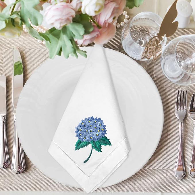 HCRAFT Embroidered Cotton Table Napkin, Cloth Napkins Set of 4 18"x18" Flower Hydrangea Napkin Square Fabric, Dining Room, Napkins Cloth Machine Washable, Cotton Cloth Napkins, Great Present Ideas