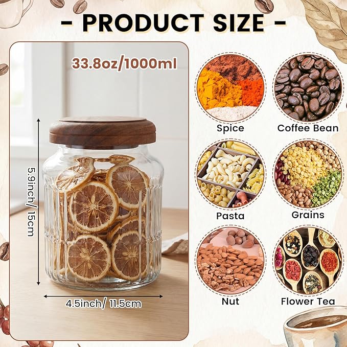 6 Pcs 1000ml/34 oz Vintage Glass Jars with Wooden Lids Ribbed Decorative Glass Storage Canisters Airtight Large Food Container Jars for Kitchen Pantry Coffee Spice Grains Tea Sugar(Ribbed)
