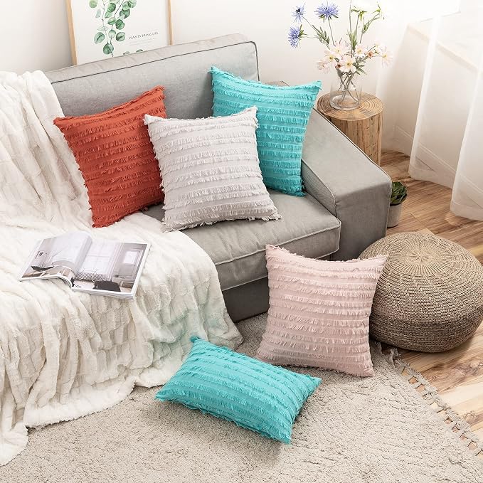 MIULEE Set of 2 Fall Decorative Boho Throw Pillow Covers Linen Striped Jacquard Pattern Cushion Covers for Sofa Couch Living Room Bedroom 16x16 Inch Burnt Orange