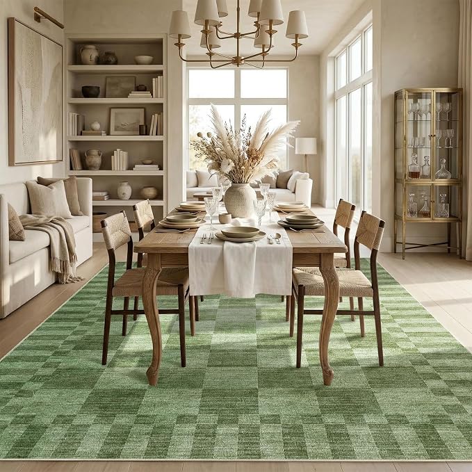 GarveeHome 8×10 Area Rugs for Living Room,Moss Green Checkered Rug，Modern Non-Slip Washable Farmhouse Geometric Checkerboard Rugs for Bedroom Dining Room Office