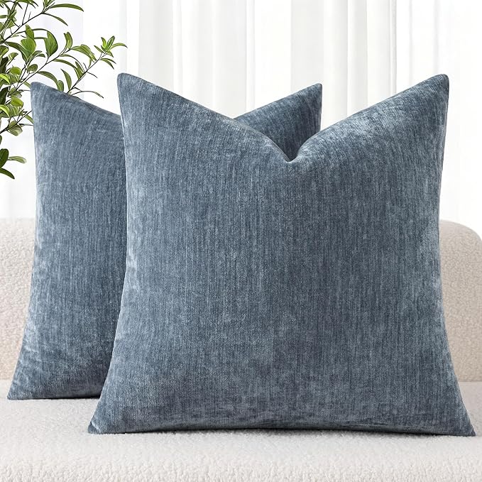 decorUhome Chenille Haze Blue Throw Pillow Covers 24x24 Inch Set of 2, Decorative Soft Couch Pillow Covers Solid Dyed Accent Velvet Farmhouse Neutral Square Pillow Cases for Sofa Bed Living Room