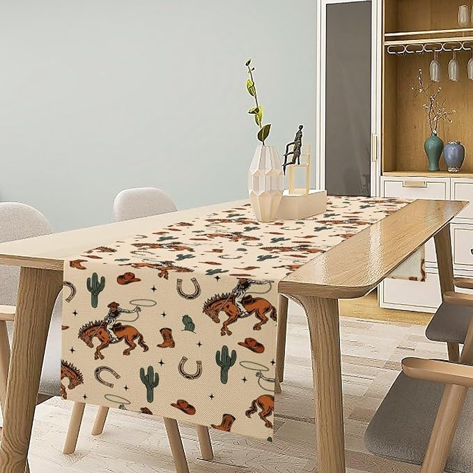 Boho Cowboy Table Runner, Western Rustic Country Horse Wild Tropical Cactus Desert Table Runner for Kitchen Dining Home Decoration, 13x90 Inch