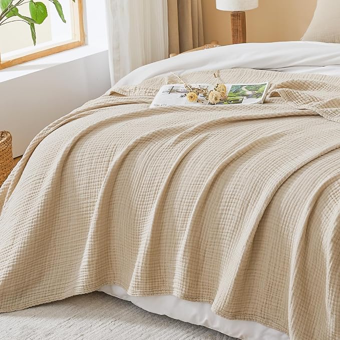 EMME Cotton Muslin Twin Blanket Breathable Gauze Soft Lightweight Blankets Adults Gifts for Women (Heather Beige, 60"x80")