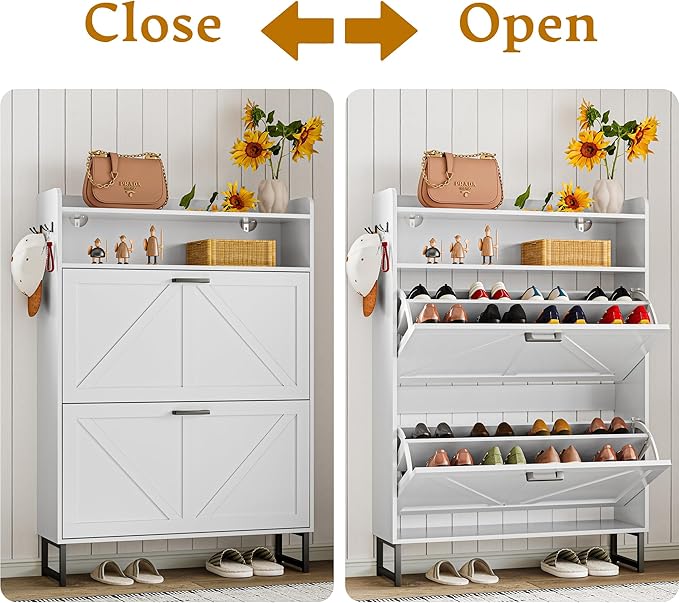 Wodeer Shoe Storage Cabinet with 2 Flip Drawers, Narrow Wood Shoe Cabinet Storage for Entryway with Metal Legs & Hooks, Adjustable Shelves, Freestanding Shoe Rack Organizer for Foyer, Hallway, White