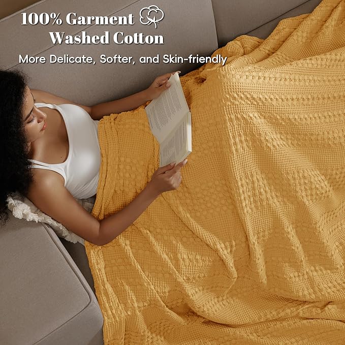 PHF 100% Cotton Waffle Weave Blanket Queen Size for Bed, Soft Lightweight & Breathable for Spring and Summer, All-Season Comfort, Luxury Aesthetic Blanket for Home Decor, 90"x90", Pumpkin Orange