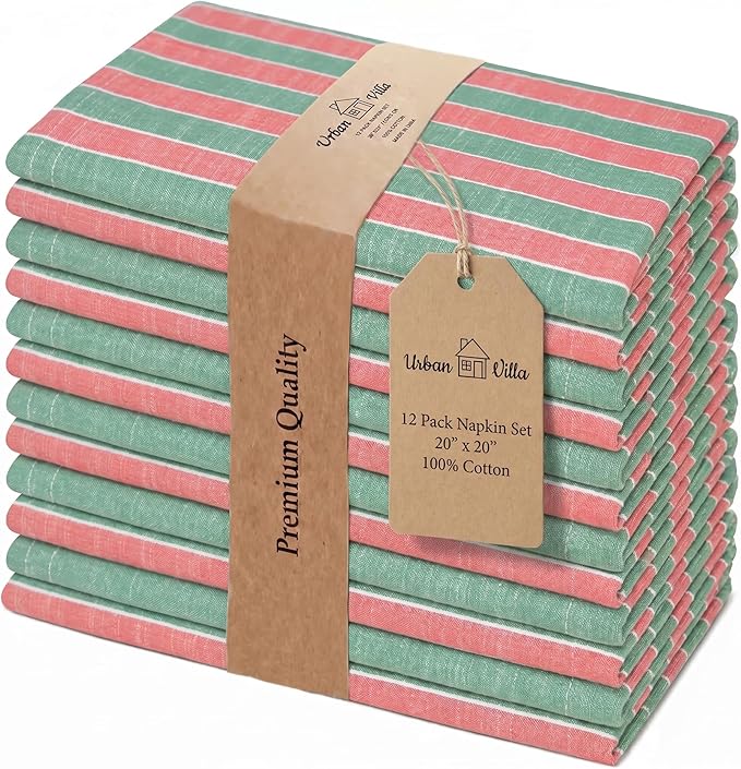 Urban Villa Cloth Napkins 100% Cotton Highly Absorbent Washable Durable Reusable Premium Dinner Napkins Ideal for Gifts for Mothers Day Hotel Farmhouse Parties - Christmas (20" x 20", Set of 12)