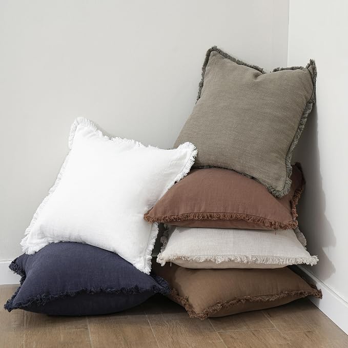 Foindtower Set of 2 Decorative Linen Fringe Throw Pillow Covers Cozy Boho Farmhouse Cushion Cover with Tassels Soft Accent Pillowcase for Couch Sofa Bed Living Room Home Decor, 24×24 Inch, Rust