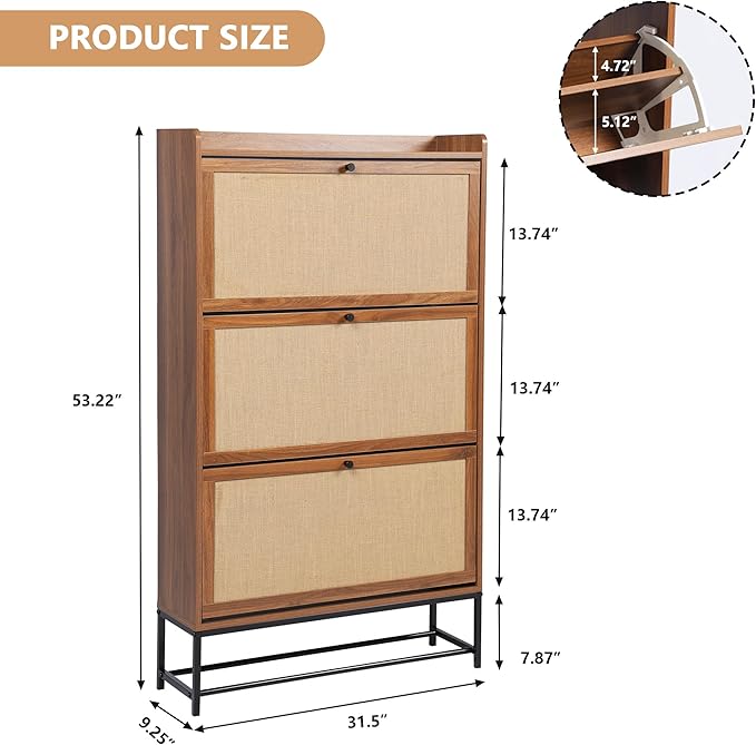 Shoe Cabinet Storage for Entryway, Narrow Shoe Cabinet with 3 Filp Drawers, Wood Freestanding Shoe Organizer Cabinet with Metal Legs, Hidden Storage Behind Door for Hallway, Living Room (Walnut)