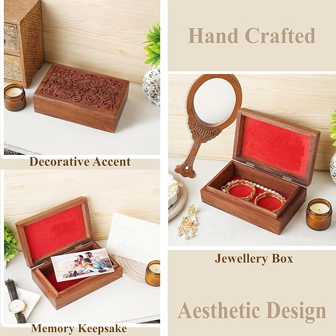 Ajuny Decorative Wooden Jewelry Box Keepsake 8 Inch - 7 Chakra Carving Box for Jewelry, Coins, Tarot Cards, Small Treasures Chest Travel Organizer