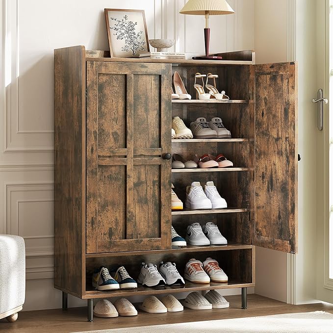 ComfyCorner Brown 7+1 Tier Farmhouse Shoe Storage Cabinet - 45" Tall Entryway Organizer with Cross Molding Doors, 3 Adjustable Shelves & Metal Legs, Shoe Rack for Front Door Entrance