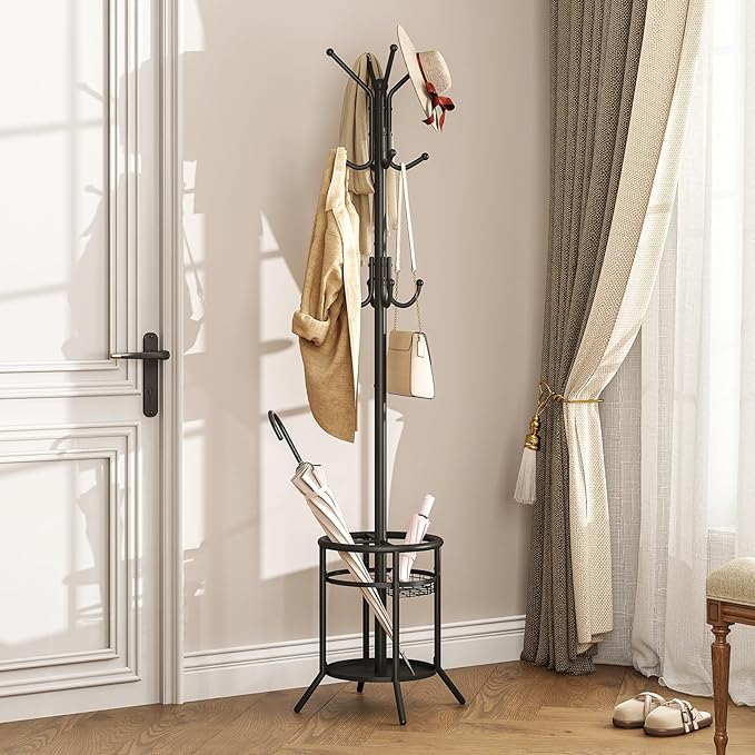 ELYKEN Coat Rack Freestanding, Metal Coat Rack Stand with Umbrella Holder, Modern Coat Tree with 12 Hooks, Floor Standing Corner Hall Tree for Entryway Living Room Bedroom Office, Black
