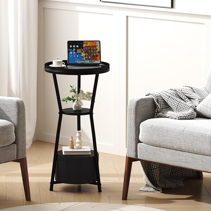 Yusong Round Side Table, Small Drink Table for Small Spaces, 3-Tier Industrial End Table, Accent Nightstand Bedside Table for Living Room, Bedroom, Sofa Couch, Black