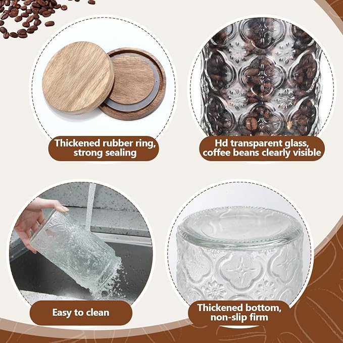 Suclain Glass Coffee Grounds Container with Shelf 2 x 34 oz Glass Coffee Bean Storage Canisters with Airtight Thread Lid and Measuring Spoon Food Storage Jars for Kitchen Sugar Nut