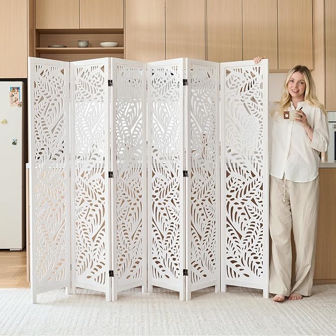 Leaf-Carved Room Divider Privacy Screen - 67 Inch Tall Foading Decorative Wood Screen Dividers Panel for Home - Natural Wood Room Partitions for Enhanced Privacy and Style White 6 Panel