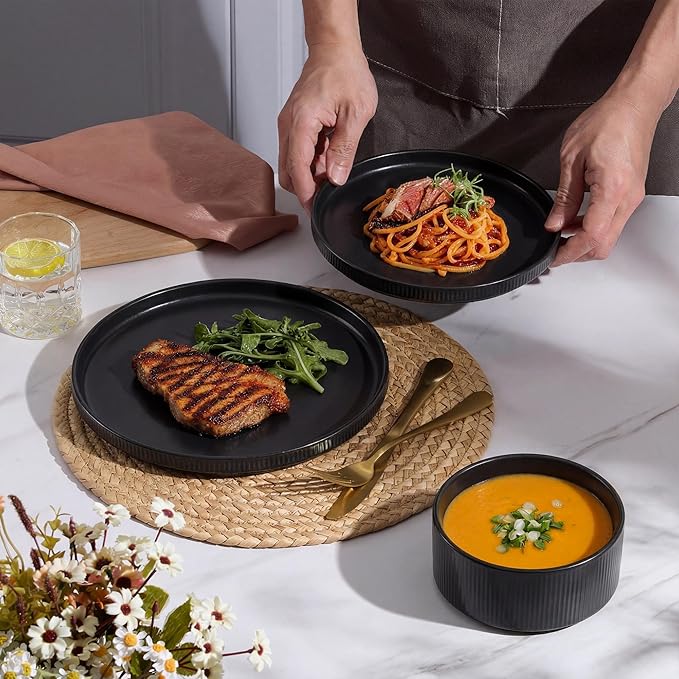 E-far 24-Piece Stoneware Dinnerware Sets, Plates and Bowls Sets for 8, Kitchen Dinning Porcelain Ribbed Dishes Set, Chip & Scratch Resistant, Dishwasher & Microwave Safe, Matte Black