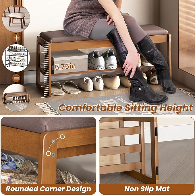 Shoe Storage Bench with Cushion - 2 Tier Shoe Rack for Front Door Entrance, Solid Wood Shoes Rack, Entryway Bench with Flip-Top Storage for Closet,Hallway,Bedroom&Living Room(Walnut, 39.4" W)