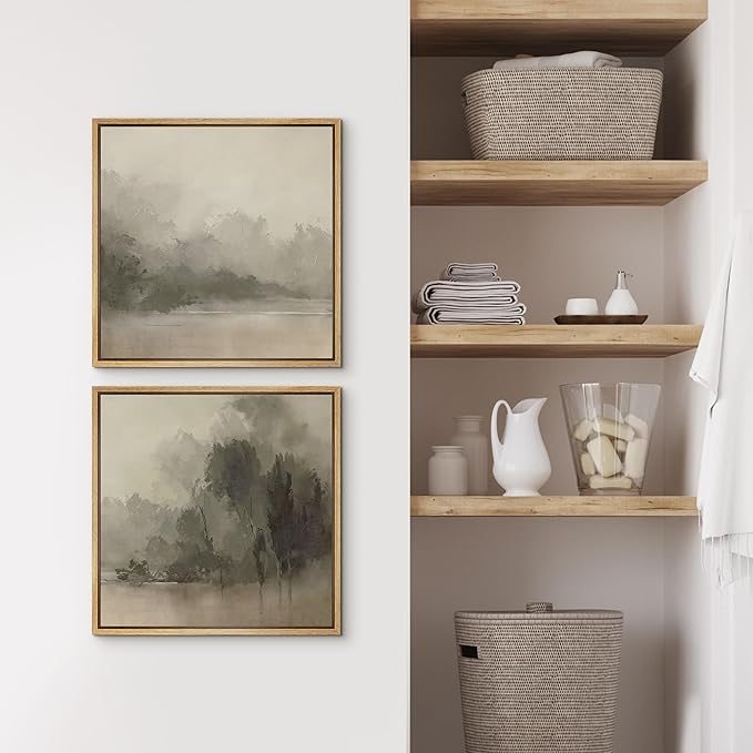SIGNFORD Framed Canvas Print Wall Art Set Mystic River Fog Waterfront Nature Illustrations Modern Art Minimal Relax/Calm for Living Room, Bedroom, Office - 24"x24"x2 Natural
