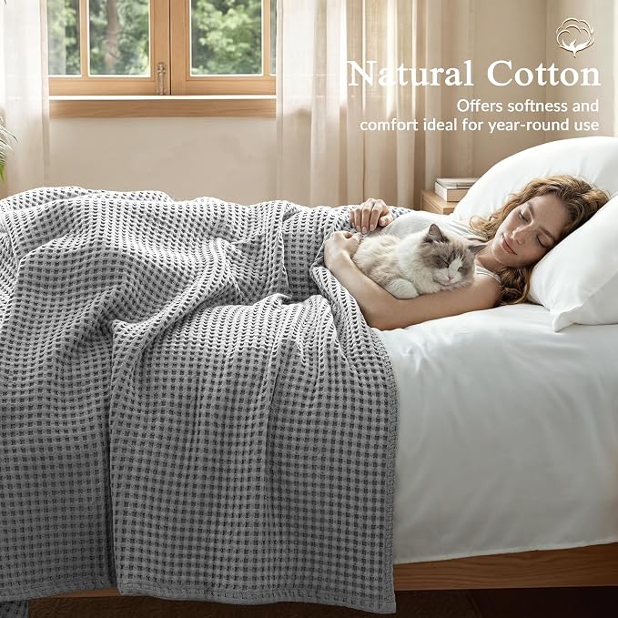Exclusivo Mezcla Pre-Washed 100% Cotton Waffle Throw Blanket for Couch, 330GSM Lightweight Breathable Summer Blankets, Soft and Cozy, Room Decor, Light Grey, 50x60 Inches