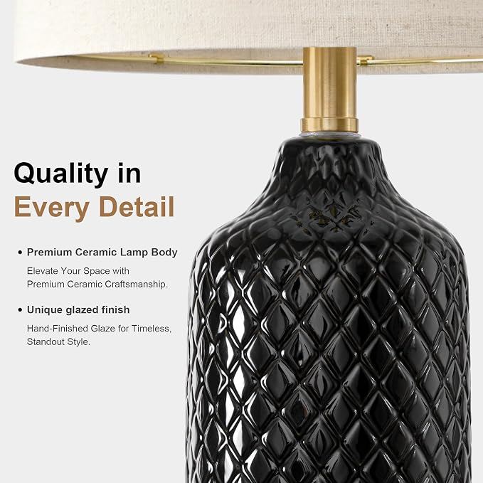 24.25" Ceramic Table Lamps for Living Room Bedroom Modern Lamps Set of 2, Modern Black Living Room Lamp, Boho Bedside Lamp for night stands, nightstand lamp, end side table lamp for Home Décor Office