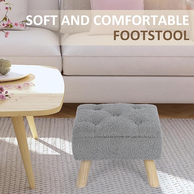 OGEMXU Storage Ottoman, Small Storage Ottoman Foot Stool with Wood Legs, Teddy Velvet Rectangular Foot Rest for Chair, Soft Sponge White Footstool for Living Room, Couch, Bedroom, Dorm (Grizzly)