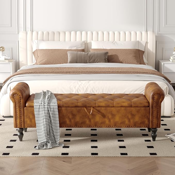 Furniliving 63” End of Bed Bench, Bedroom Bench with Button-Tufted, Large Upholstered Storage Ottoman Benches Entryway Bench with Storage Shoe Cabinet Bench, for Bedroom, Living Room, PU, Brown