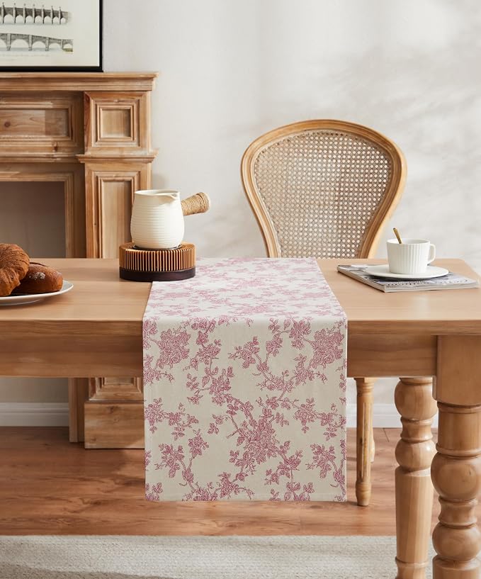 100% Cotton French Pastoral Table Runners, 13x60 Inch Pink Farmhouse Table Runners 60 Inches Long, Vintage Flowers Print Home Decors