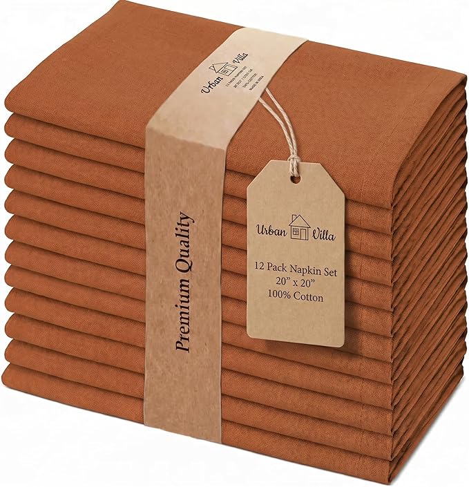 Urban Villa Cloth Napkins 100% Cotton Highly Absorbent Washable Durable Reusable Premium Dinner Napkins Ideal for Gifts for Mothers Day Hotel Farmhouse Parties - Rust (20" x 20", Set of 12)